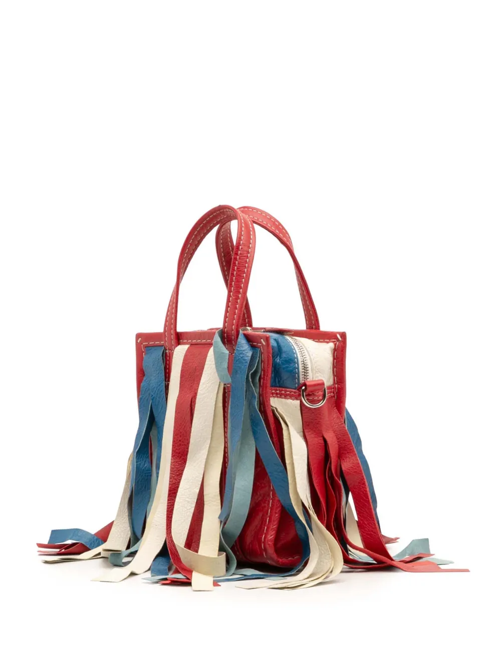 Pre-owned Balenciaga 2018 Xxs Lambskin Fringe Bazar Shopper Satchel In Red