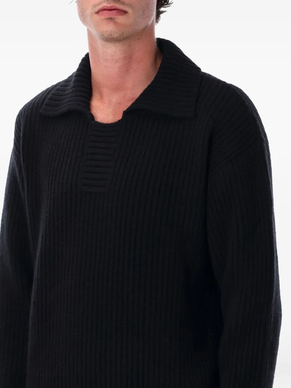 Mfpen Open Collar Ribbed Knit Sweater In Black