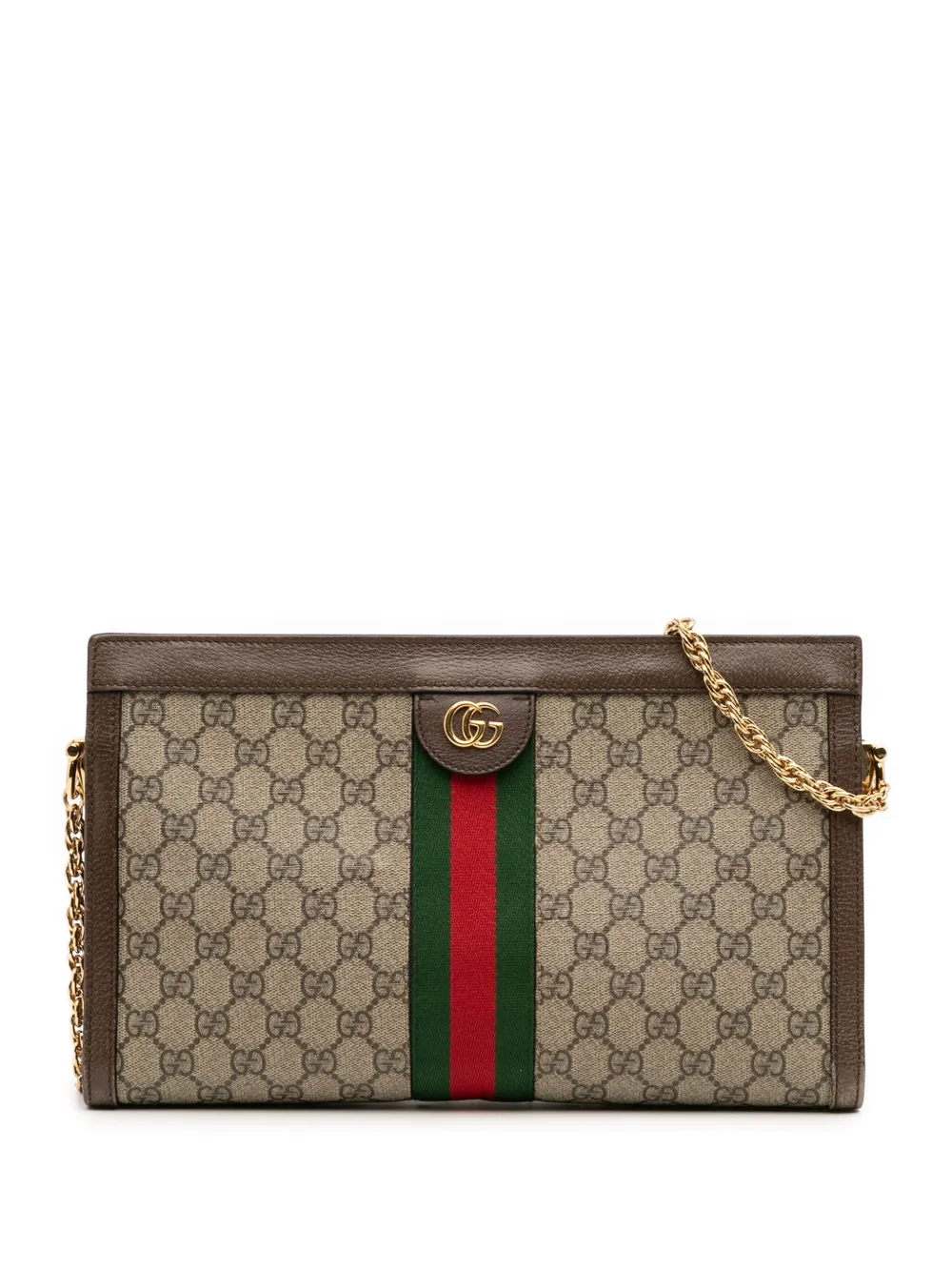 Pre-owned Gucci 2016-2025 Medium Gg Supreme Ophidia Web Chain Shoulder Bag In Brown