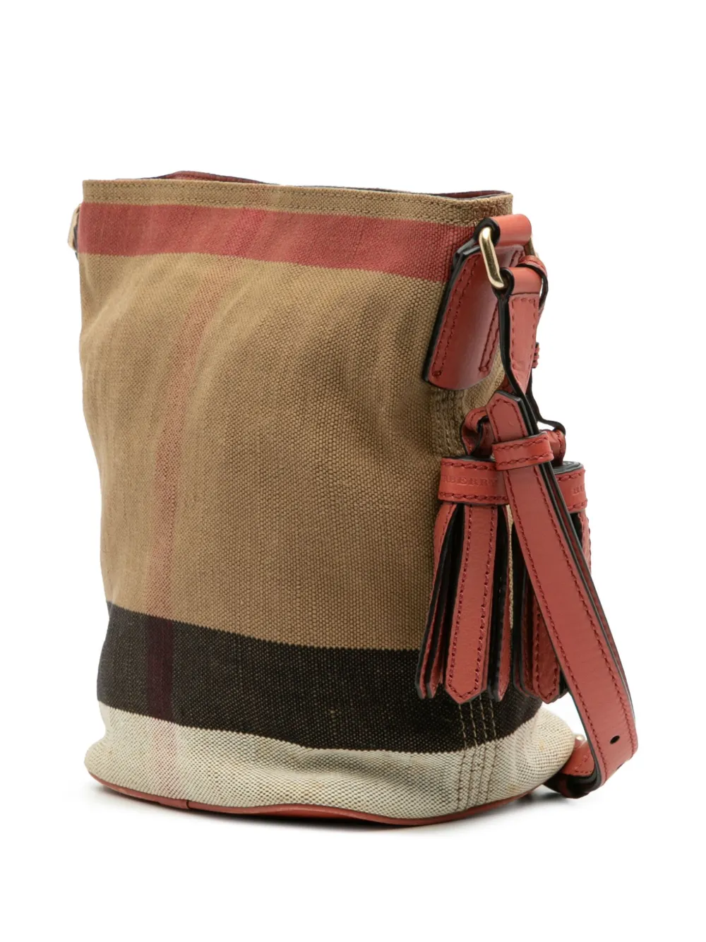 Pre-owned Burberry 2000-2017 Mini Mega Check Canvas Ashby Tassel Bucket Bag In Brown