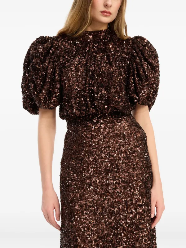 knee length dresses for ladies Sequin Decorated Velvet Puff Sleeve Midi Dress main image 1