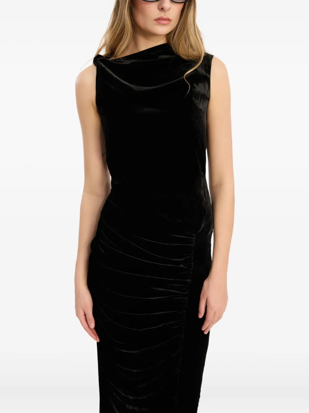 Rotate Birger Christensen Velvet-ruched Midi Dress In Black