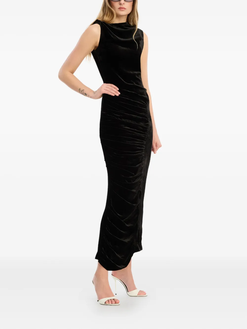 Rotate Birger Christensen Velvet-ruched Midi Dress In Black