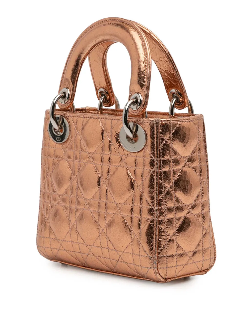 Pre-owned Dior 2016 Mini Metallic Crinkled Calfskin Cannage Lady  Satchel In Brown