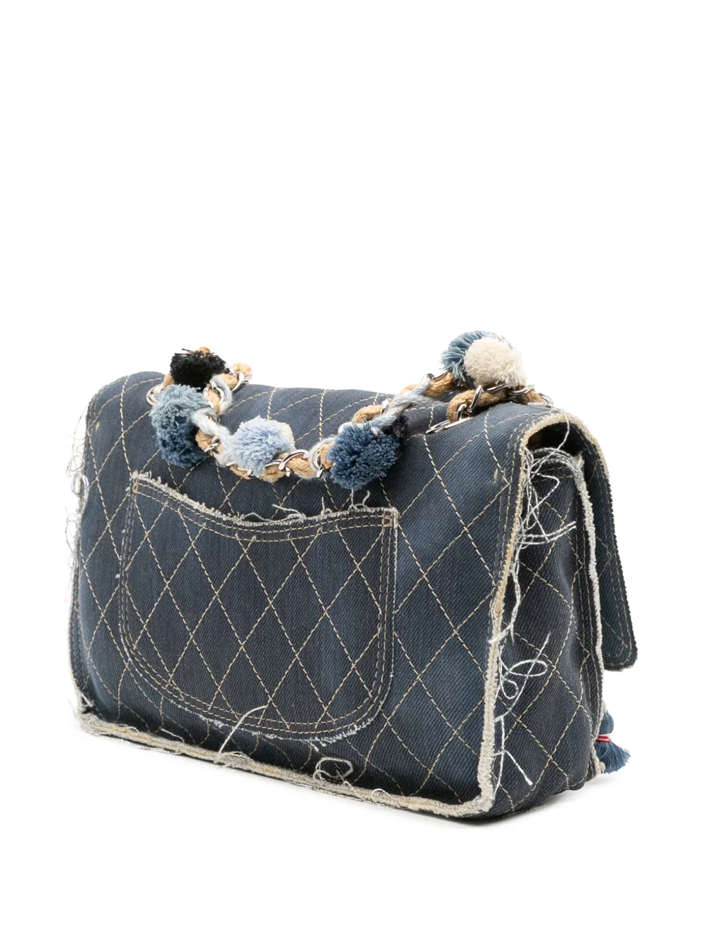 Pre-owned Chanel 2014-2015 Paris Dubai Medium Quilted Denim Pompom Flap Shoulder Bag In Blue