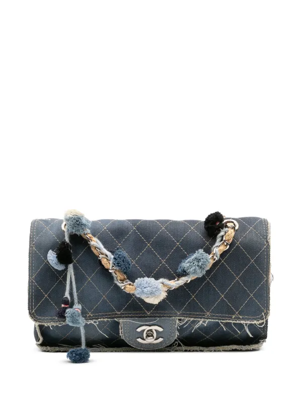 Chanel Pre-owned 2014-2015 Paris Dubai Medium Quilted Denim Pompom Flap Shoulder Bag in Blue