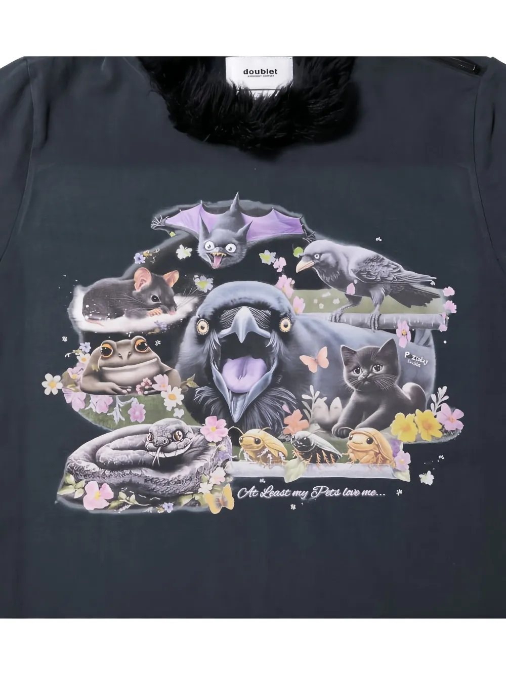 Doublet Furry-collar Graphic-print T-shirt In Black