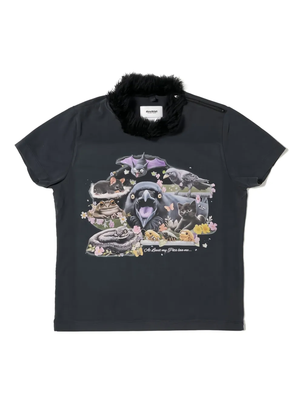 Doublet Furry-collar Graphic-print T-shirt In Black