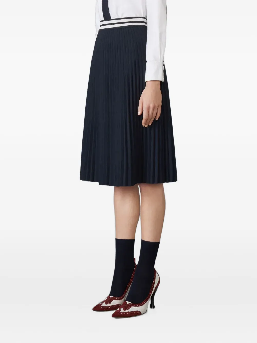 Thom Browne Striped Pleated Midi Skirt In Blue