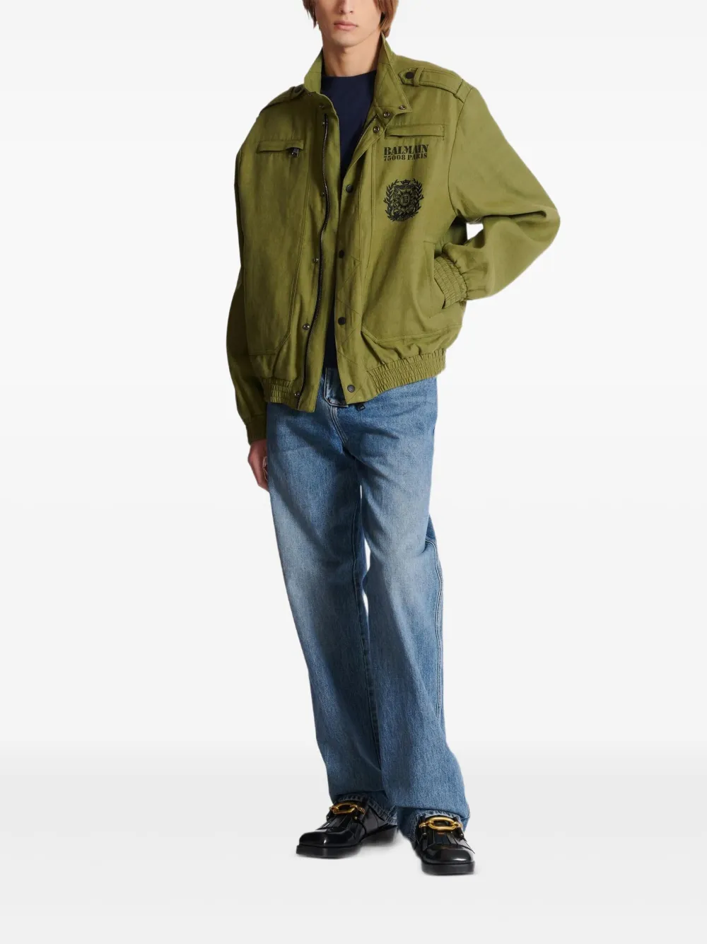 Balmain Embroidered-logo Cotton Bomber Jacket In Green