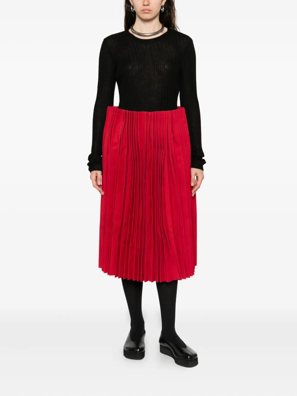 Comme Des Garçons Pleated Midi Skirt In Red