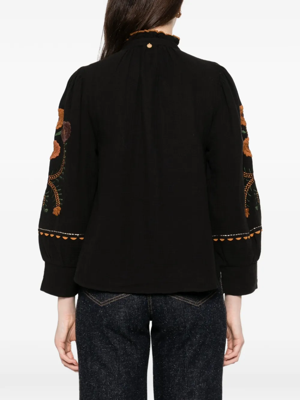 Embroidered Frill-Neck Shirt