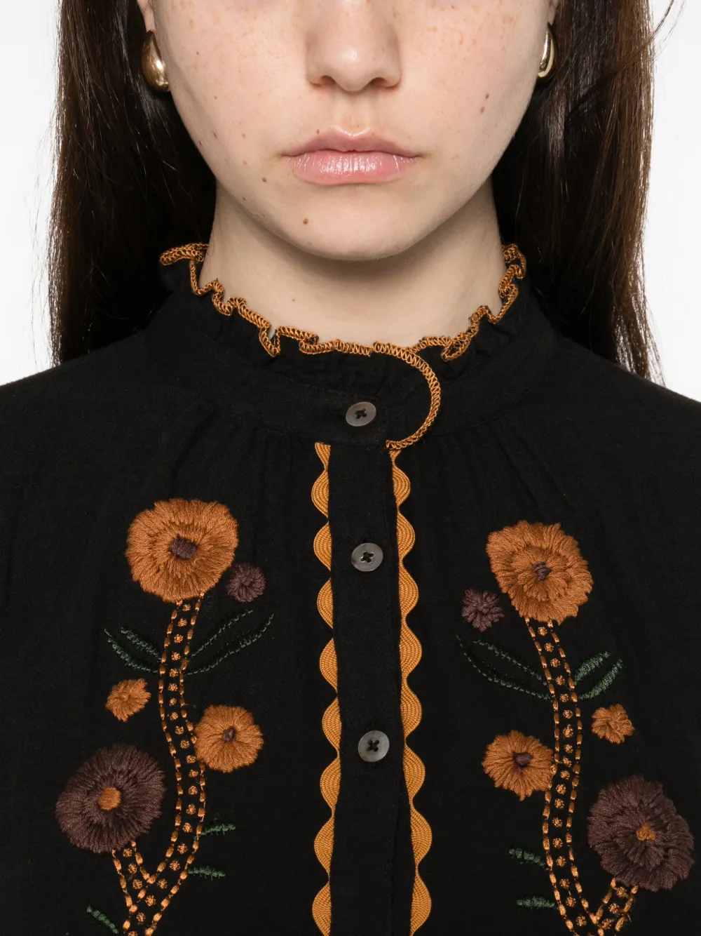 Embroidered Frill-Neck Shirt