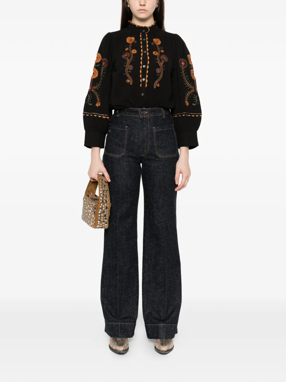 Antik Batik embroidered frill-neck shirt - Zwart