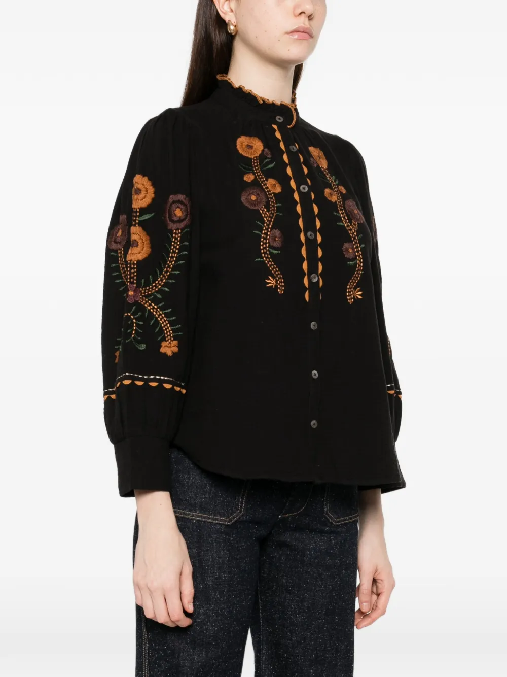Embroidered Frill-Neck Shirt