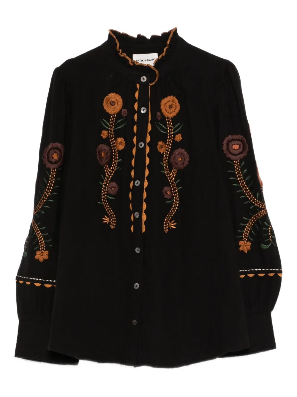 Antik Batik embroidered frill-neck shirt - Black