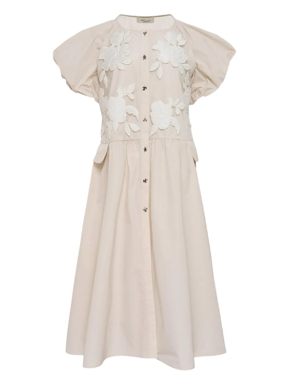 Caroline Hu Floral-embroidered Puff-sleeve Midi Dress In Neutral