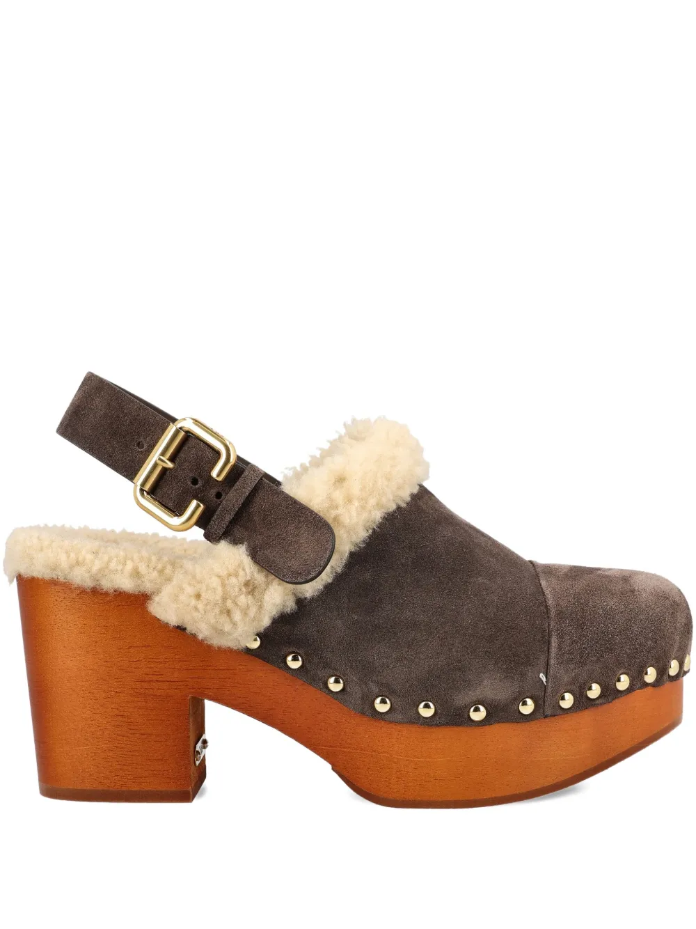 Chloé 80mm Shearling-trimmed Studded Clog In Brown