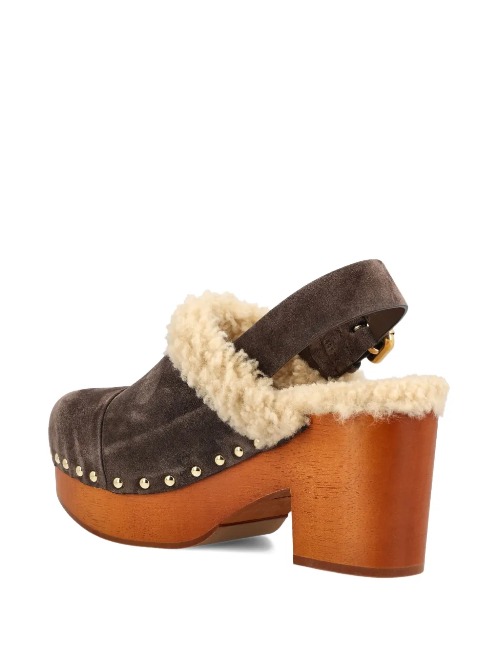 Chloé 80mm Shearling-trimmed Studded Clog In Brown