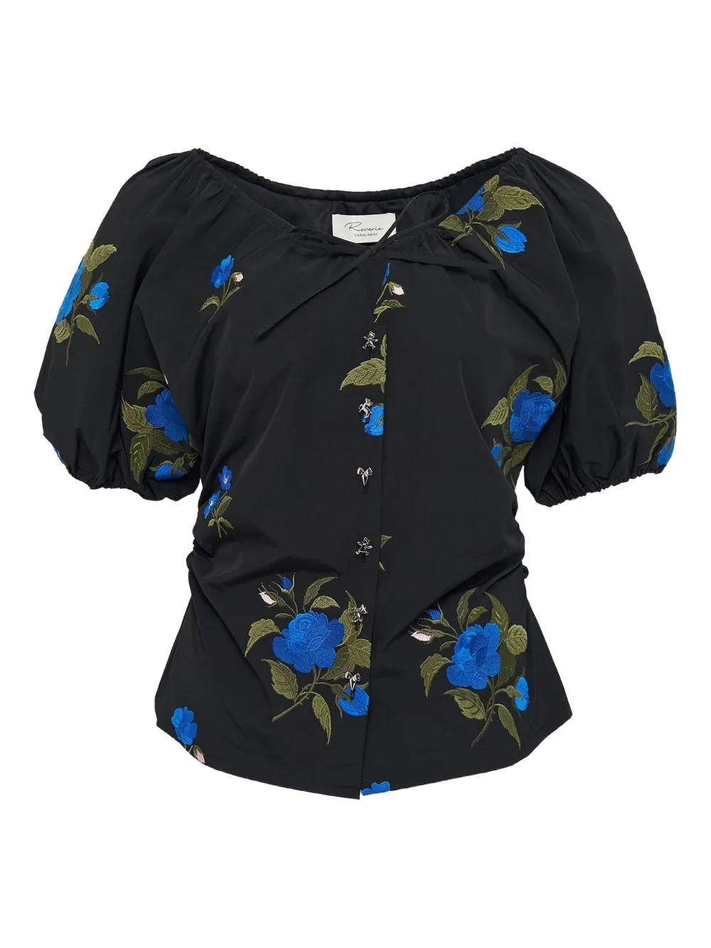Caroline Hu Embroidered-rose Puff-sleeve Top In Black