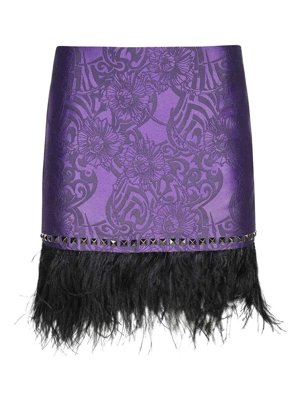 John Richmond Jacquard Feather-trimmed Mini Skirt In Purple