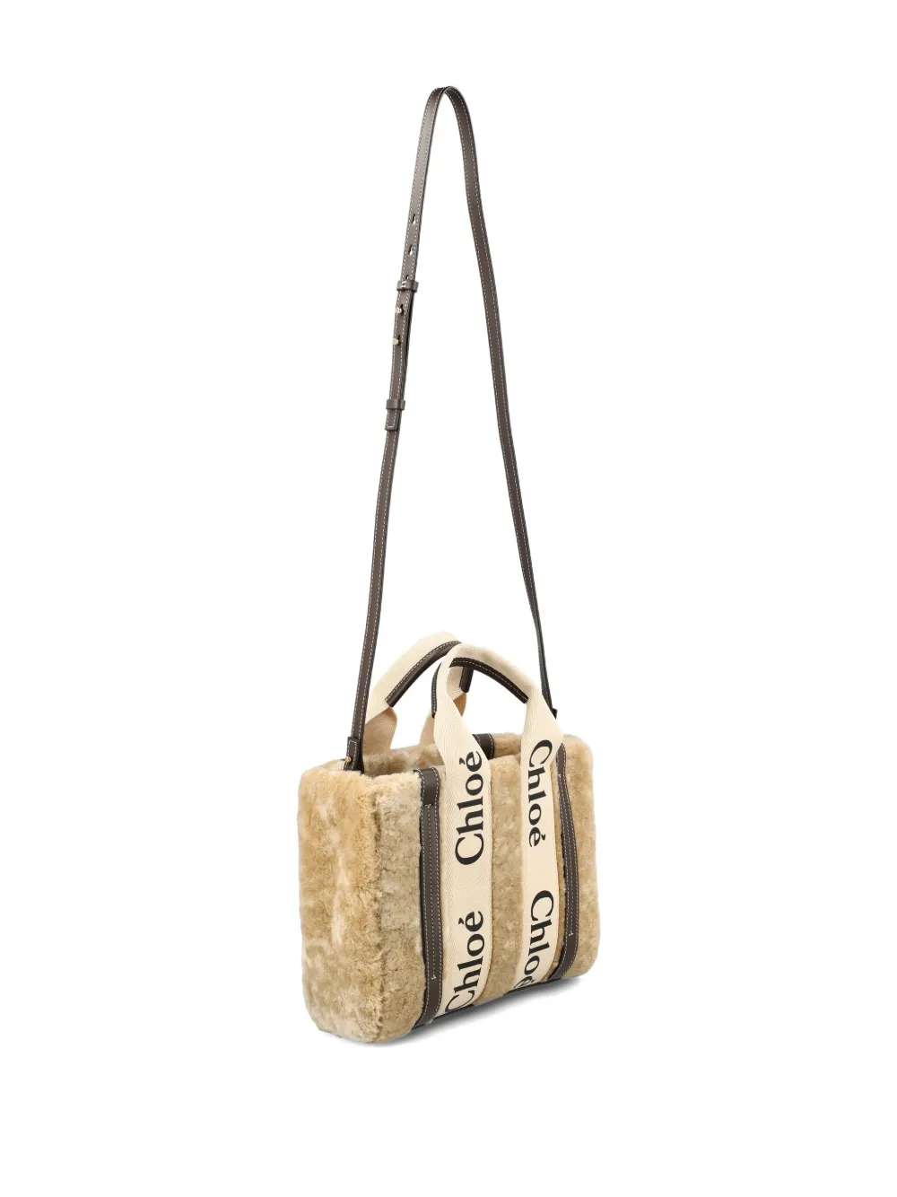Chloé Small Woody Tote Bag In Shearling In Neutral