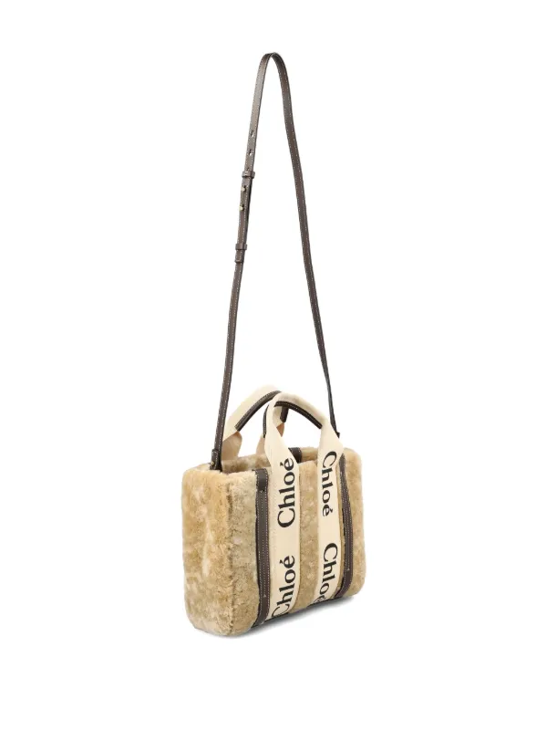 Chloé Shearling logo-plaque Tote Bag | Neutrals | FARFETCH