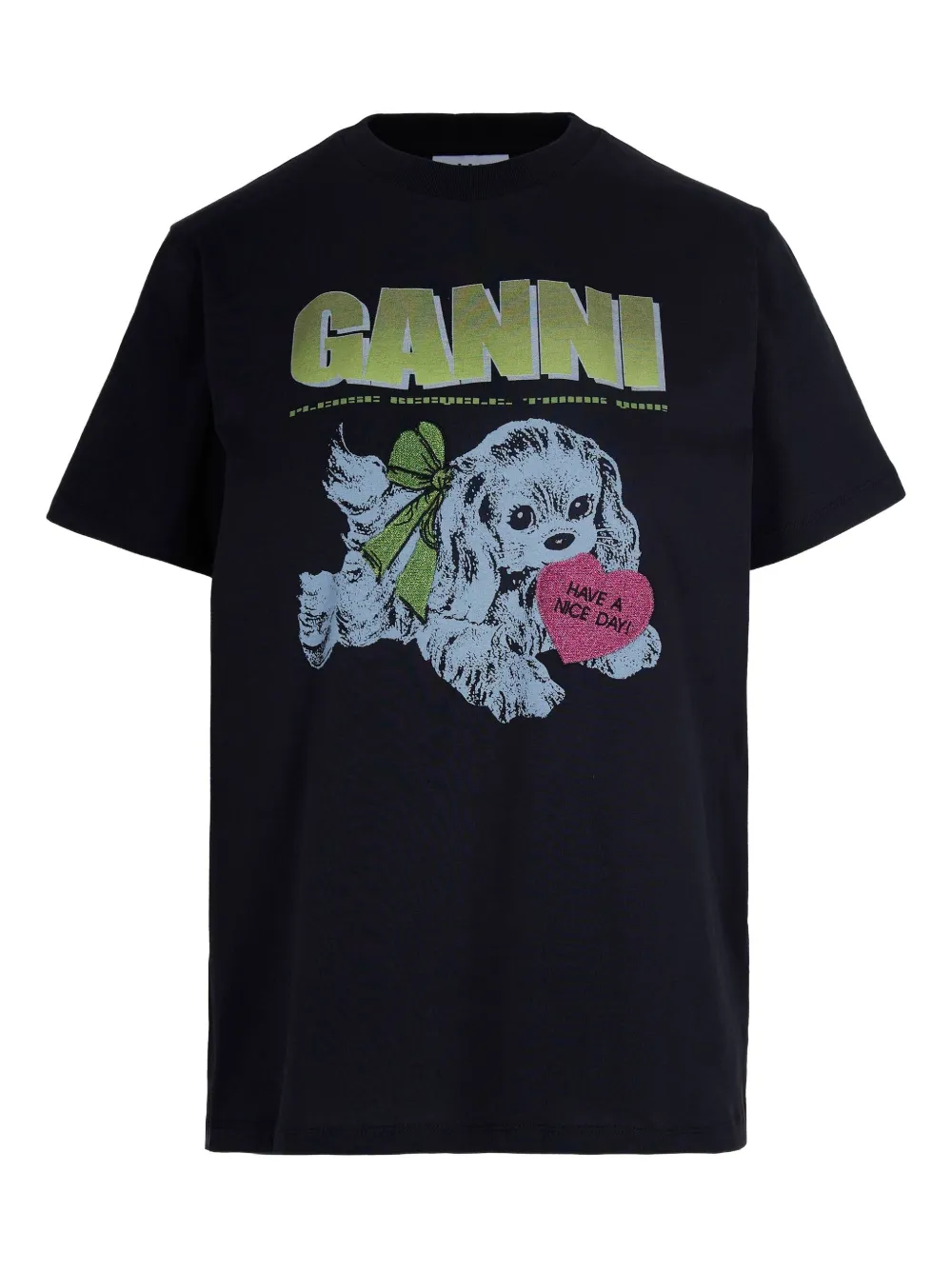 Ganni Organic Cotton T-shirt Featuring Dog Graphic In Black
