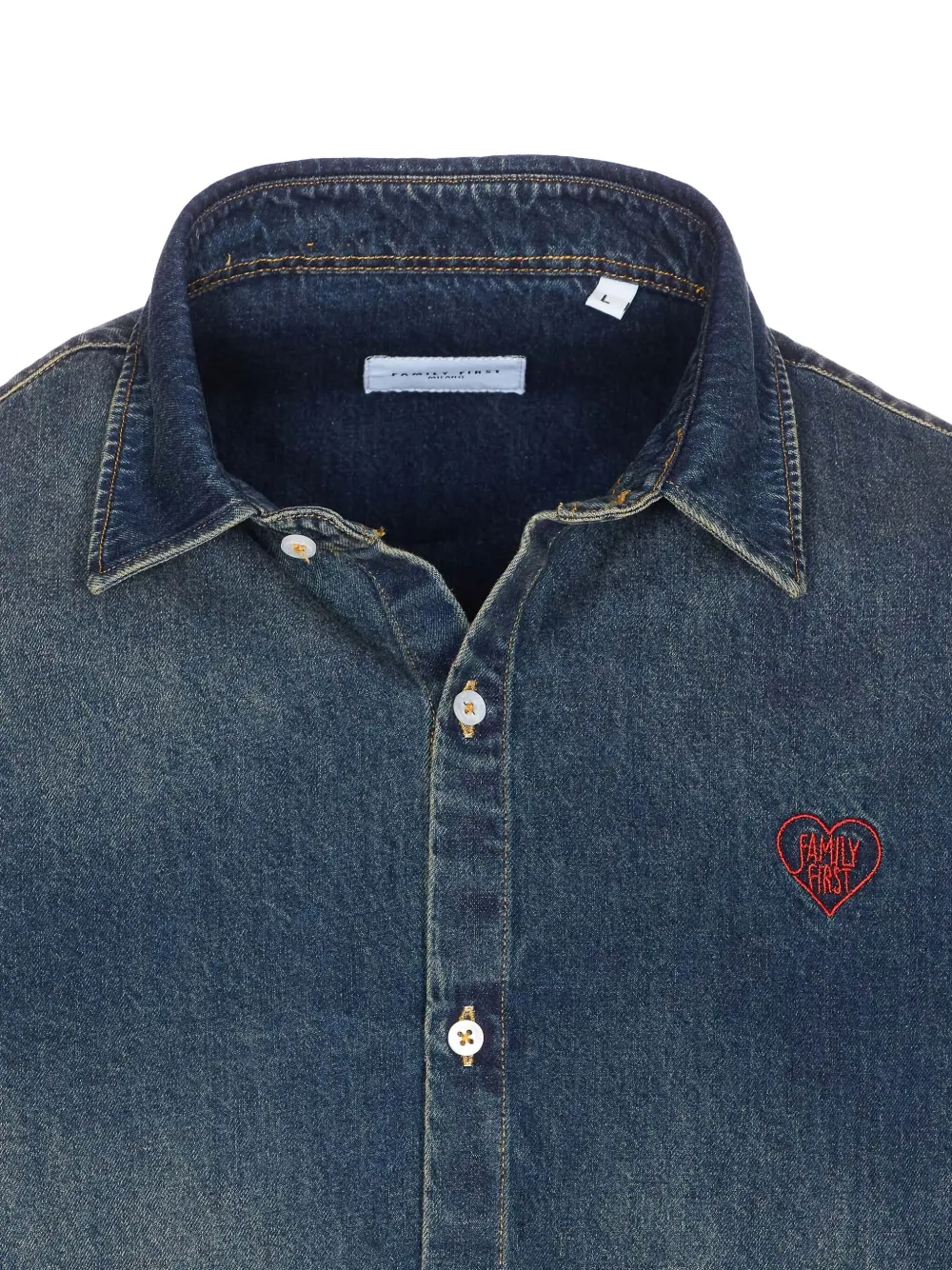 Family First Embroidered-heart Denim Shirt In Blue