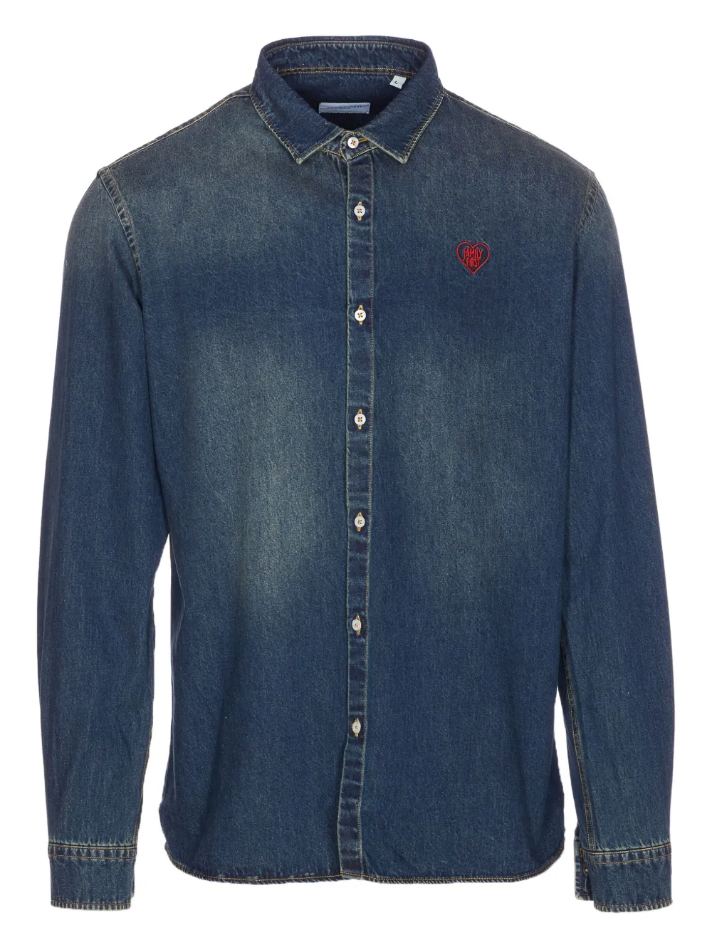 Family First Embroidered-heart Denim Shirt In Blue