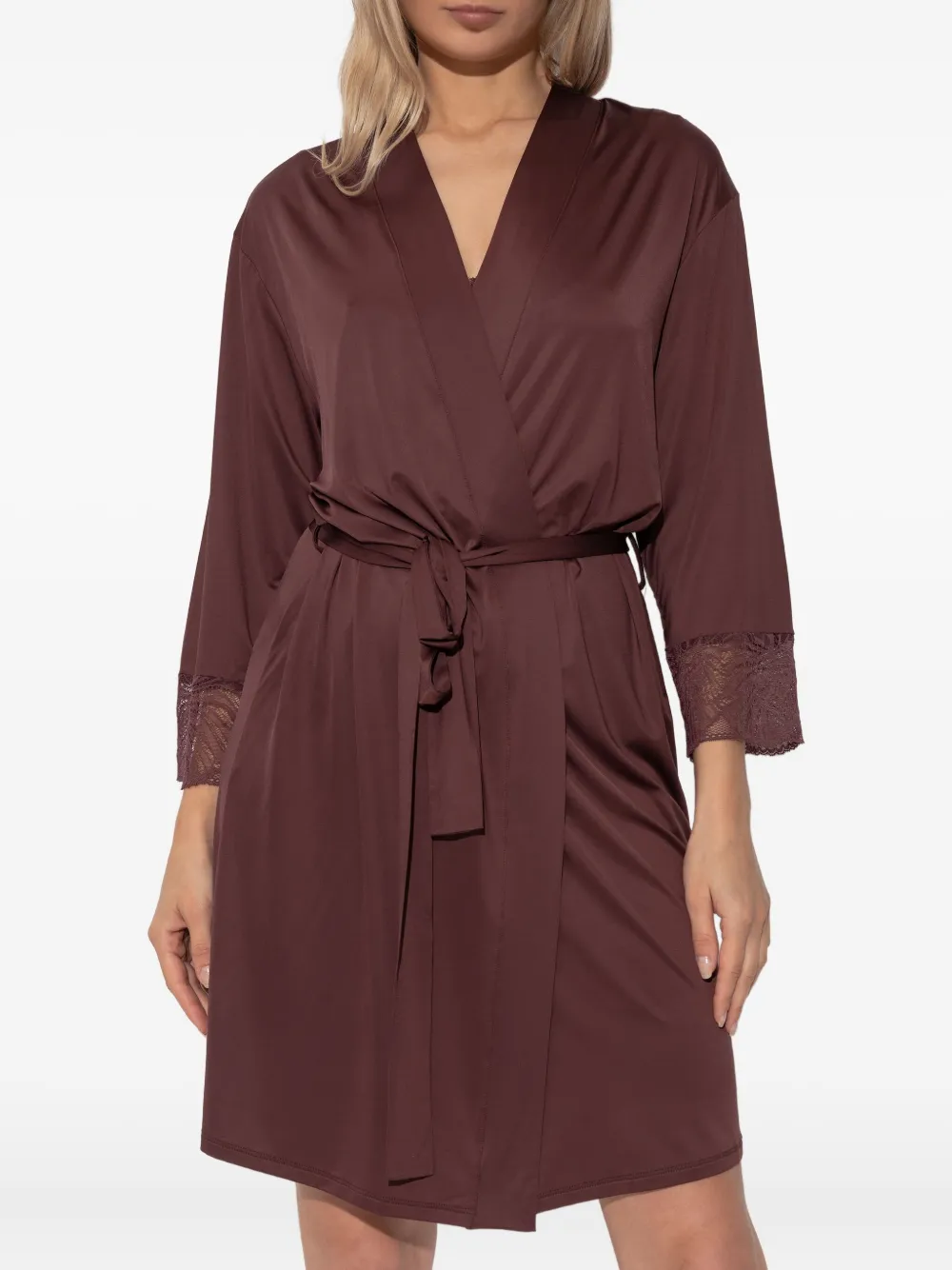 Hanro Lilith Lace-trim Robe In Brown