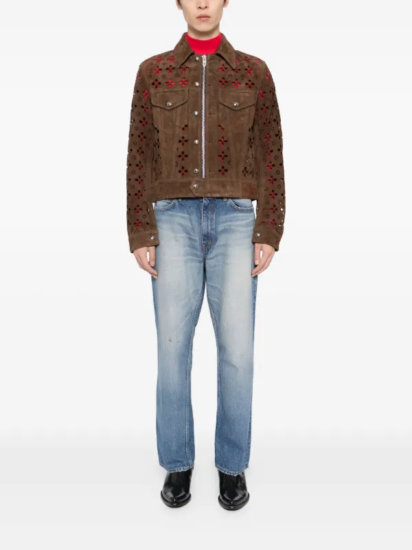 MASU Flower Hole Leather Jacket | Brown | FARFETCH JO