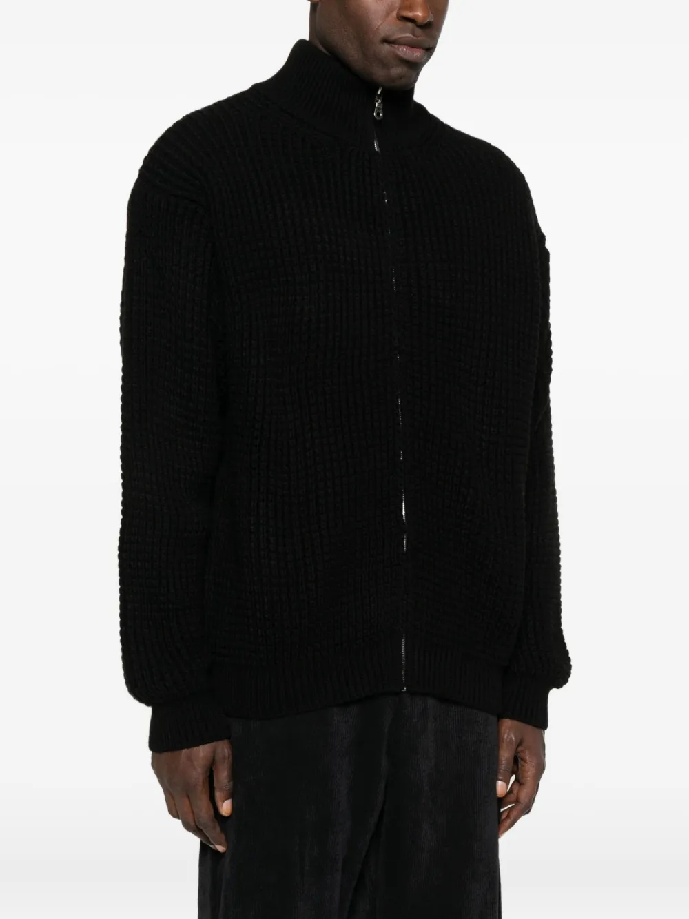 Family First Waffle-knit Zip-up Cardigan In Black