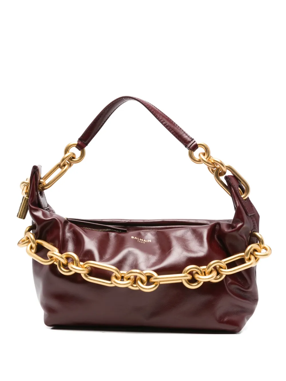 Balmain Medium Leather Shoulder Bag With Chain Strap In Red