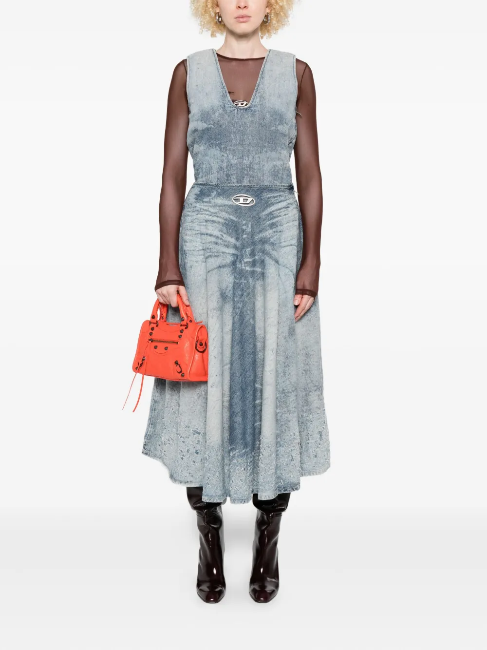 Diesel acid-wash logo-plaque denim midi A-line skirt - Blauw