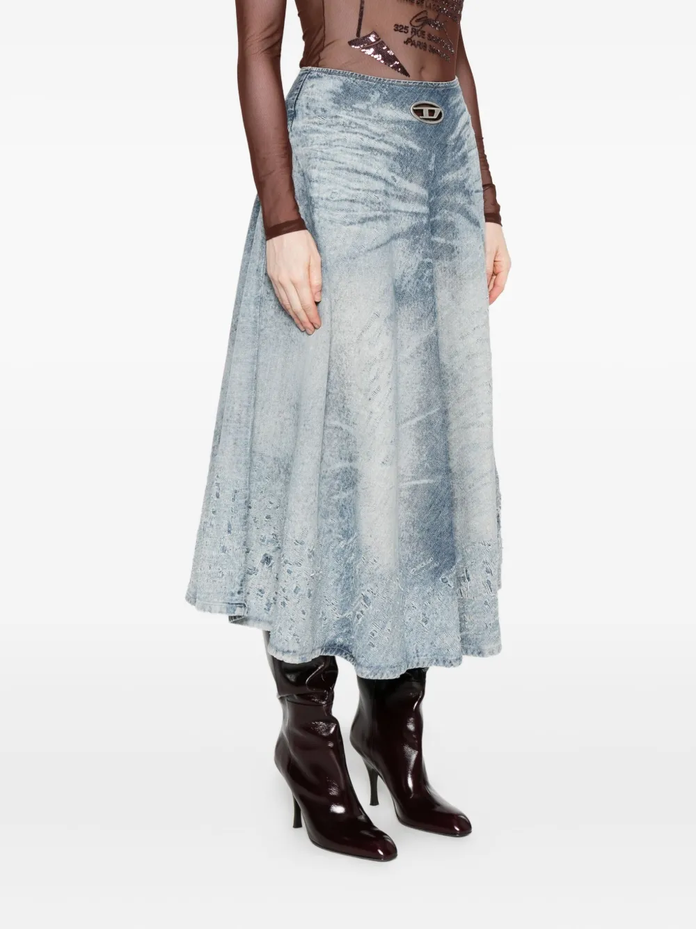 Diesel Acid-wash Logo-plaque Denim Midi A-line Skirt In Blue