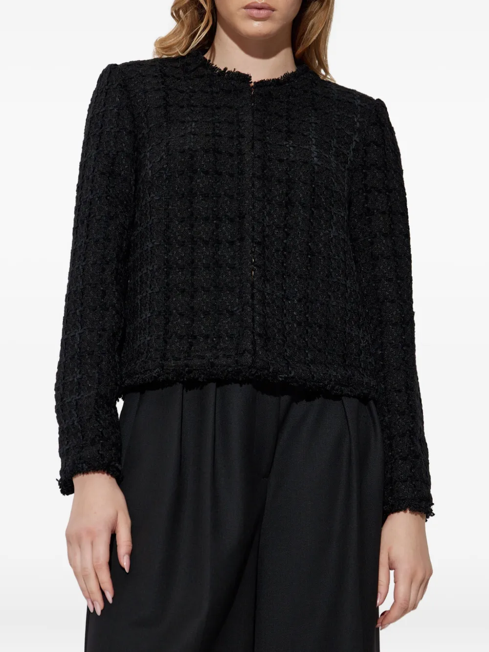 Kate Spade Plaza Tweed Frayed-trim Jacket In Black