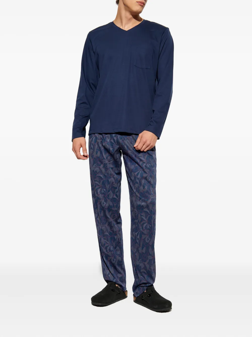 Hanro Pyjama met V-hals en zak Blauw
