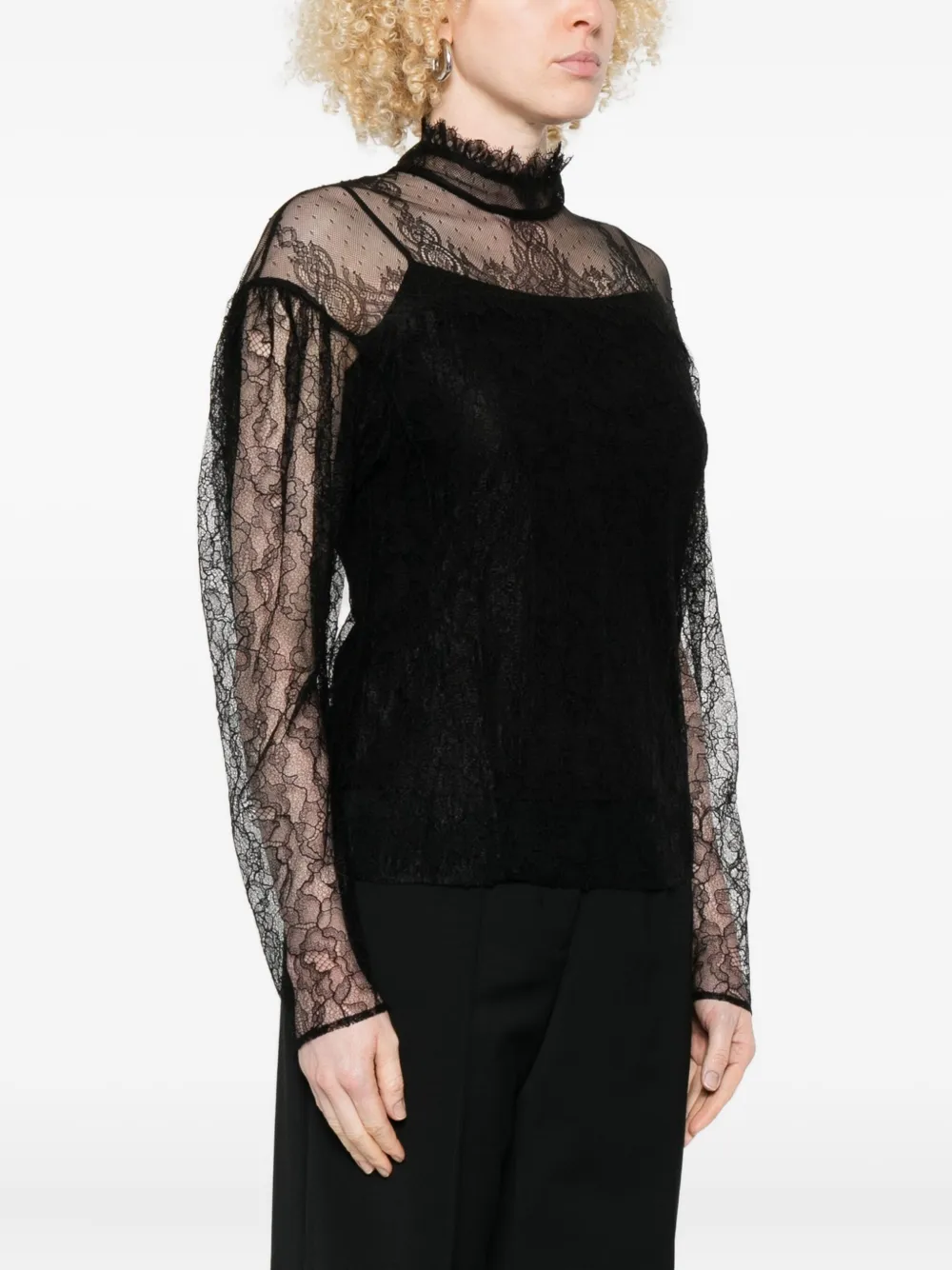 Twinset Long-sleeved Black Lace Overlay Top In Black