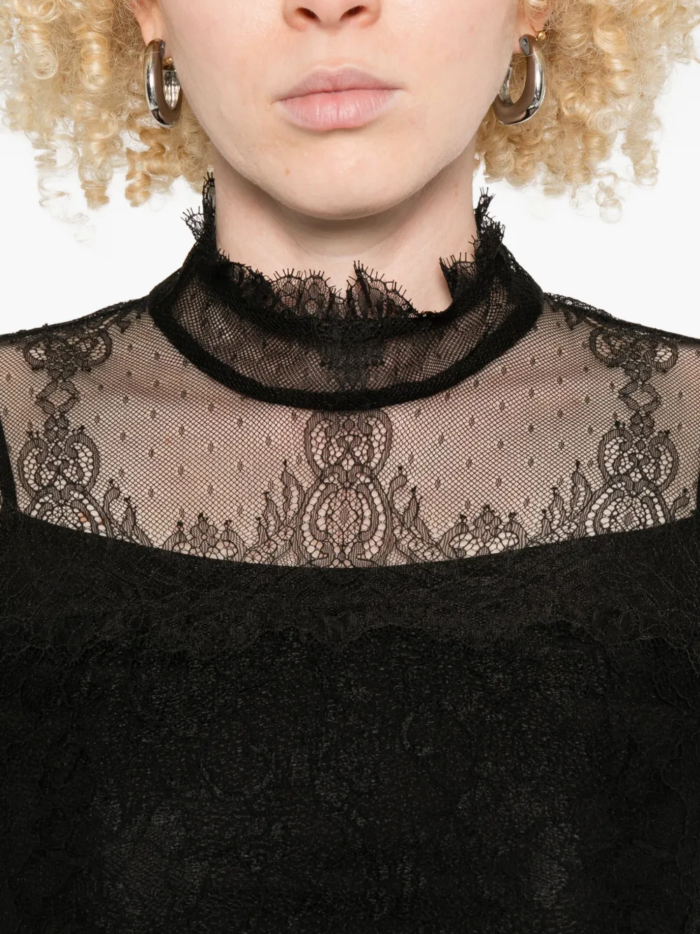 Twinset Long-sleeved Black Lace Overlay Top In Black