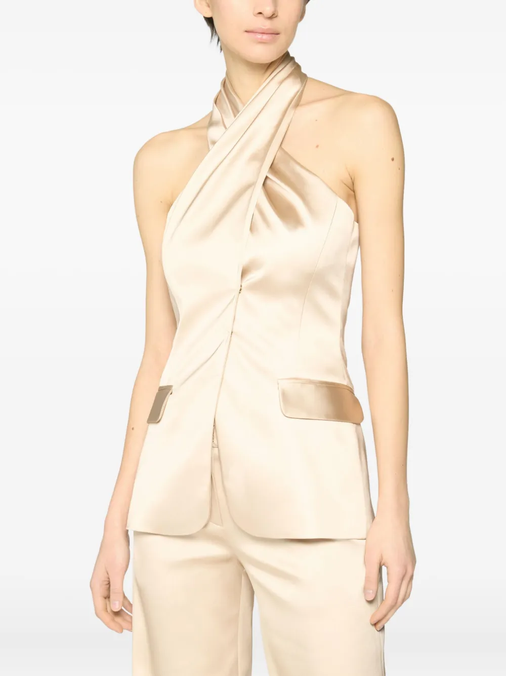 Genny Halter-neck Satin Top In Neutral