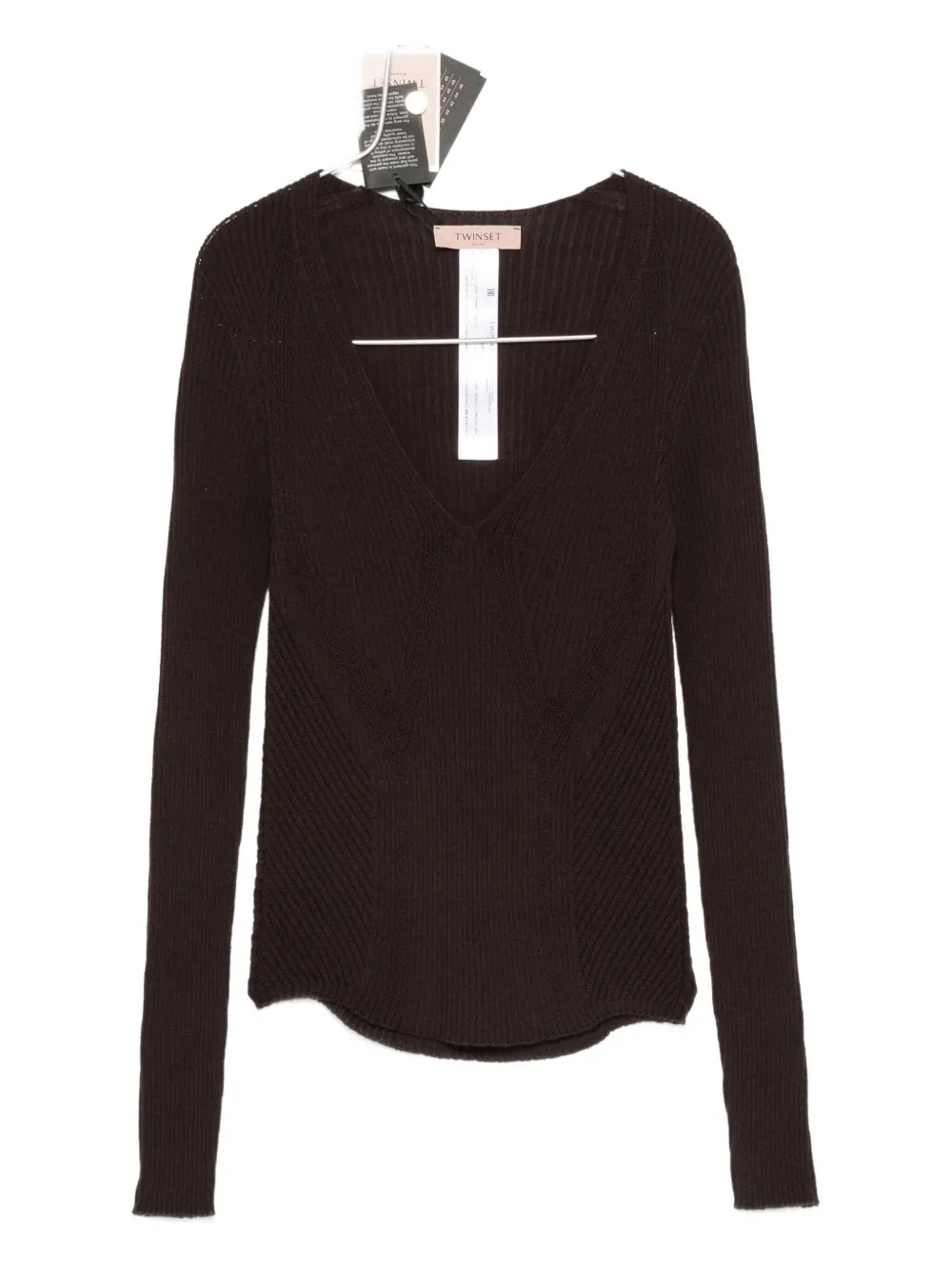 Twinset Fitted Brown Wool Sweater With Deep V-neckline In Brown