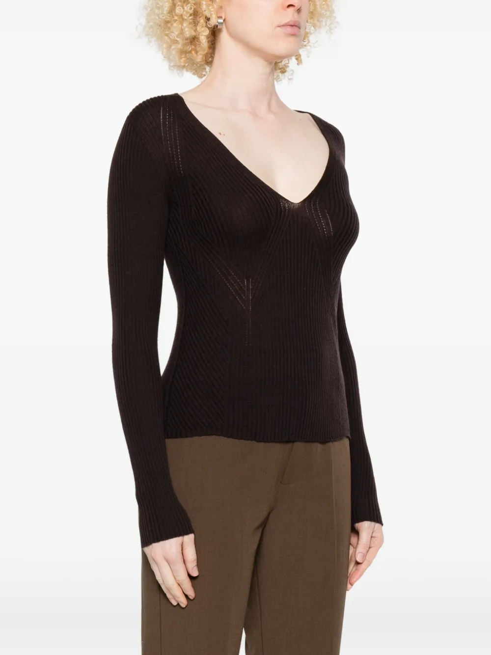 Twinset Fitted Brown Wool Sweater With Deep V-neckline In Brown
