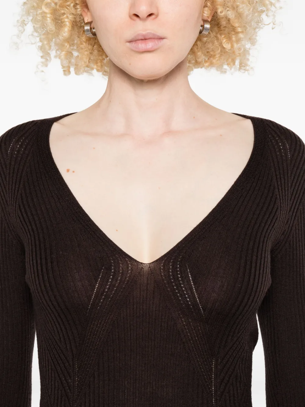 Twinset Fitted Brown Wool Sweater With Deep V-neckline In Brown