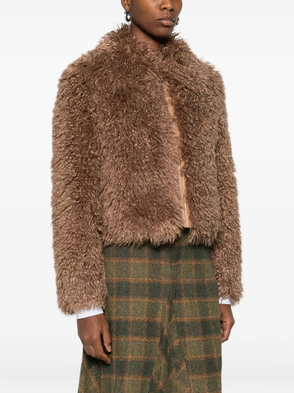 Stand Studio Plush Faux Fur Short Coat In Brown