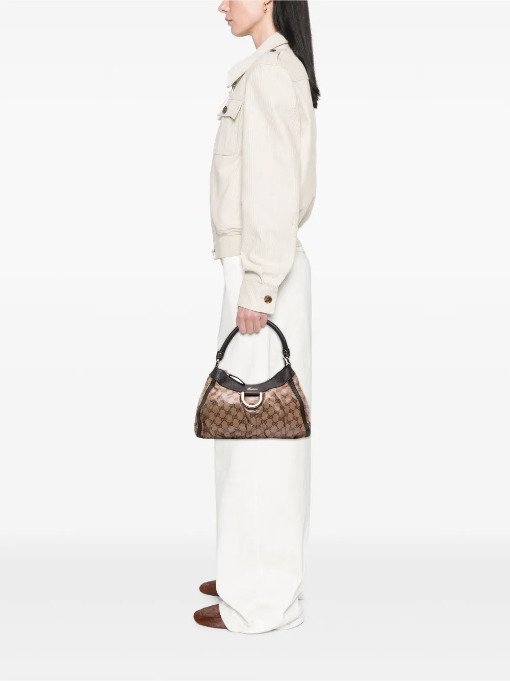 Pre-owned Gucci 2016-2025 Gg Crystal Abbey D Ring Shoulder Bag In Brown
