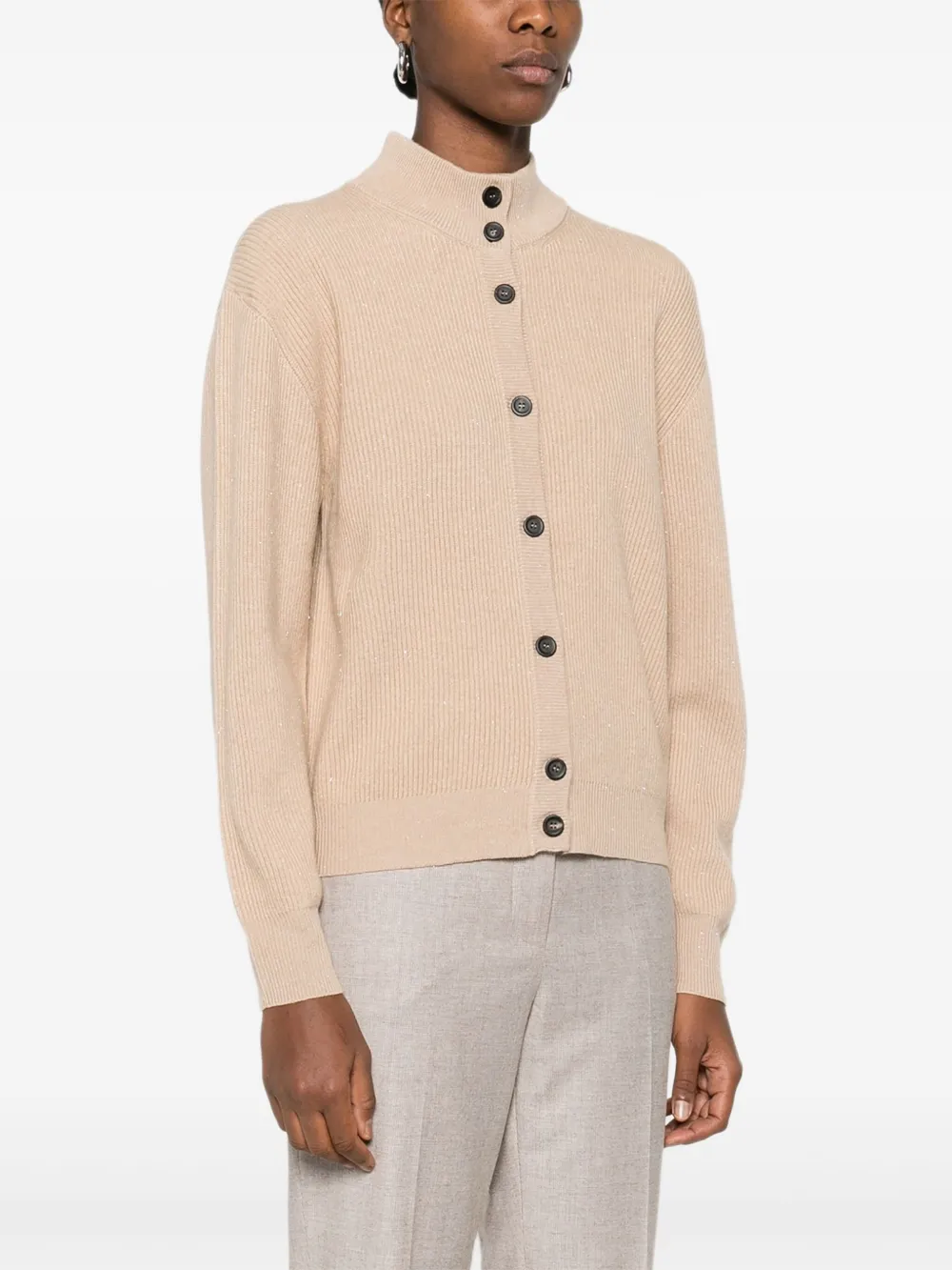 Peserico Beige Ribbed Knit Sweater With High Neckline In Nude