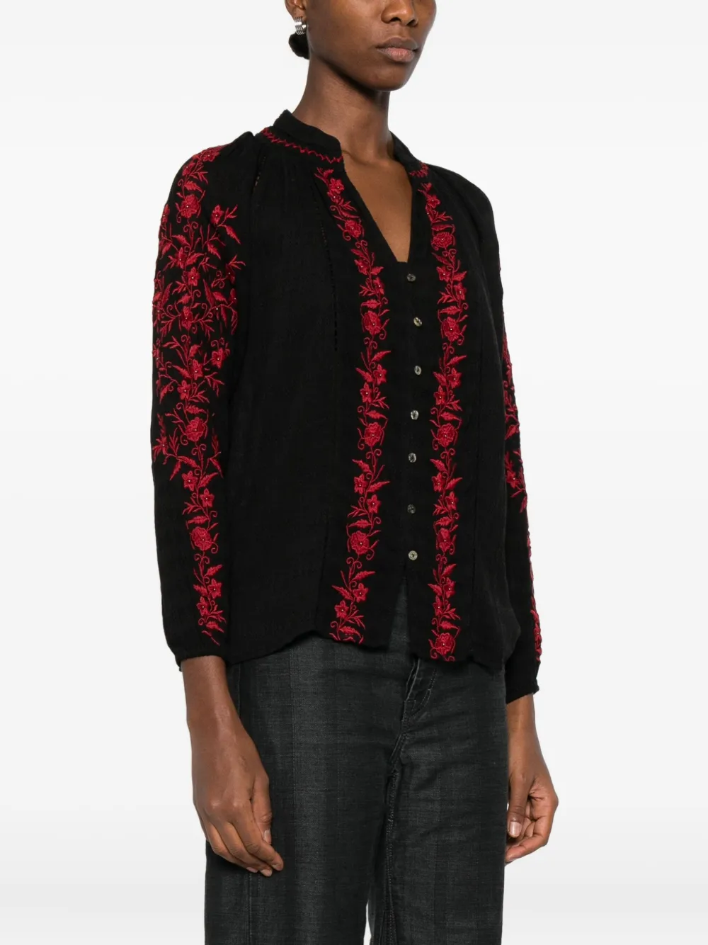Maison Hotel Floral-embroidered Cotton Blouse In Red