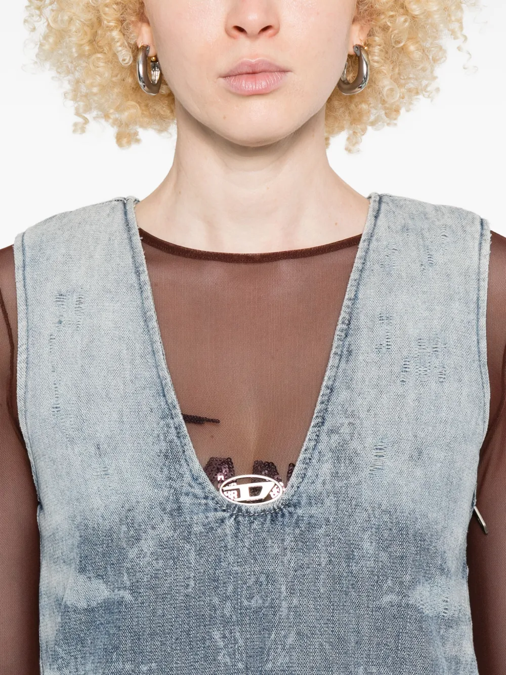 Diesel Sleeveless V-neck Distressed Denim Dress In Blue
