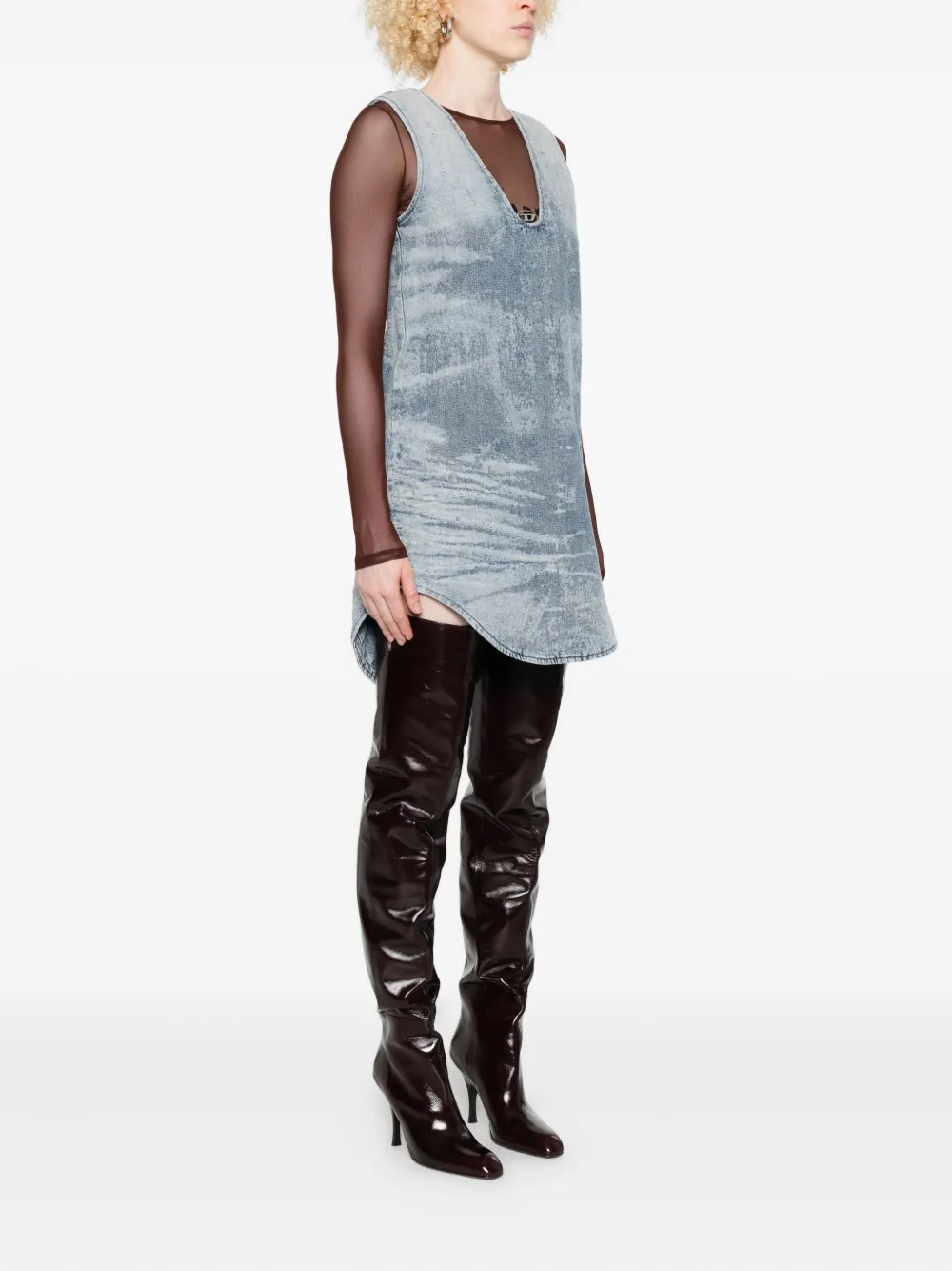 Diesel Sleeveless V-neck Distressed Denim Dress In Blue
